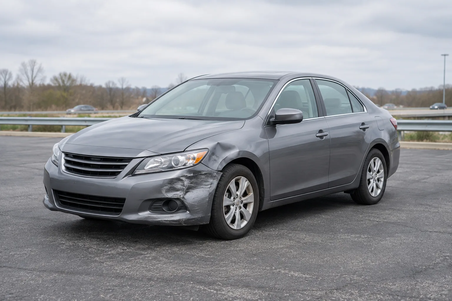A gray sedan with front-fender and bumper damage parked away from traffic.