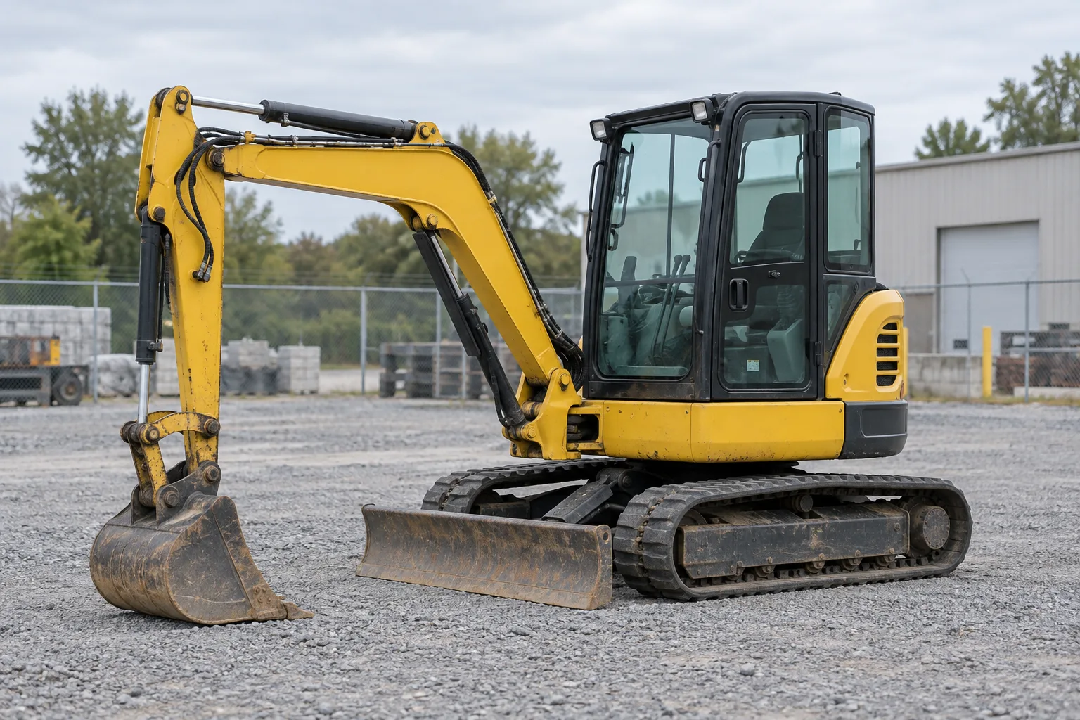 A compact excavator with its bucket resting on level ground.