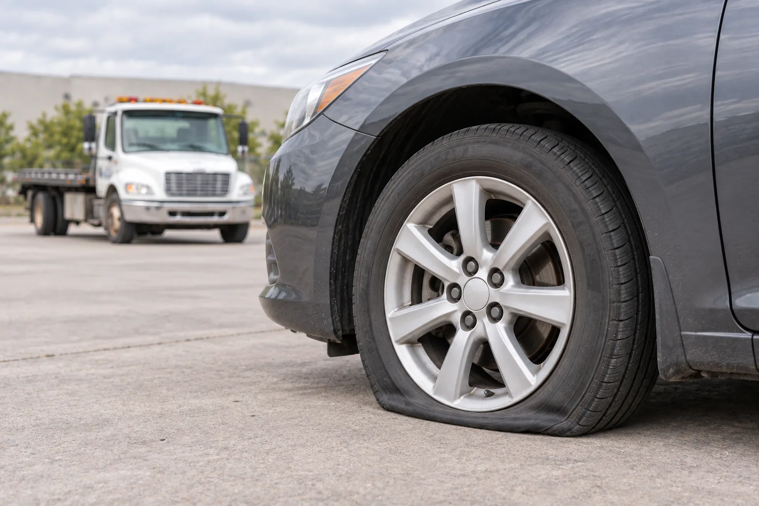 A parked car with a flat tire and a tow truck in the background.