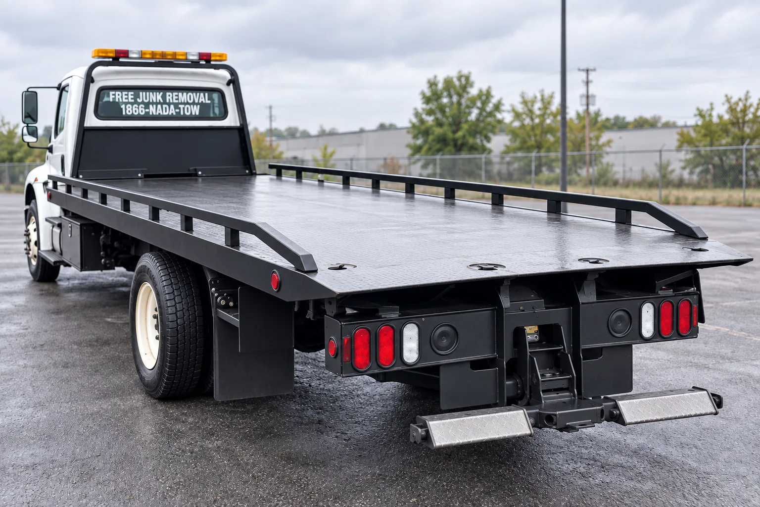 Rear view of a NADA truck with an empty flatbed platform.