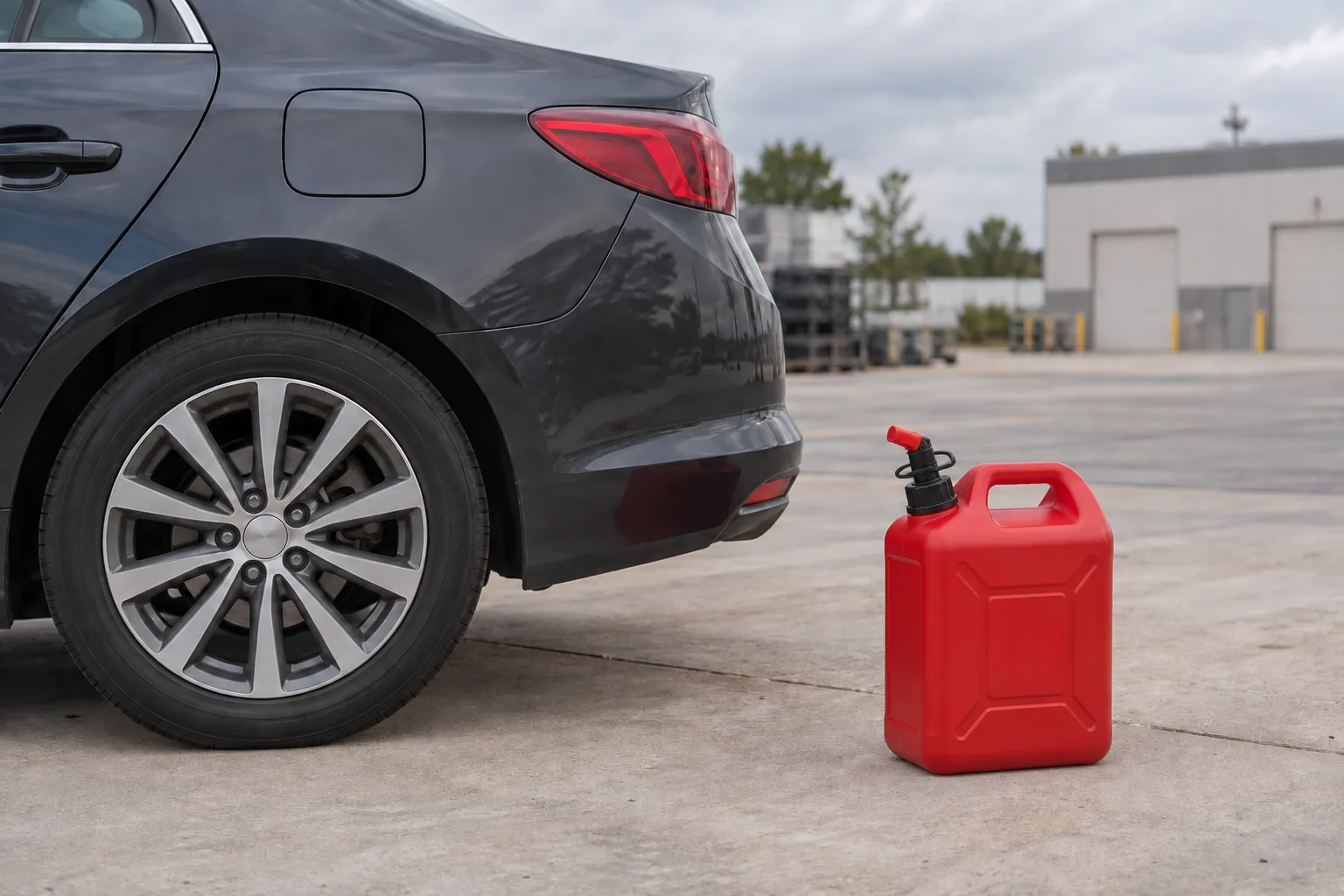 A modern red plastic fuel container standing upright beside a parked car.