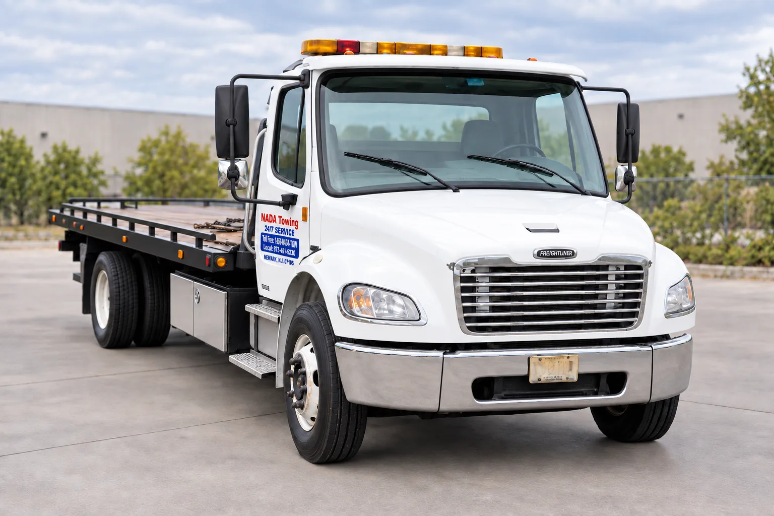 White NADA Freightliner flatbed truck parked in an industrial yard.
