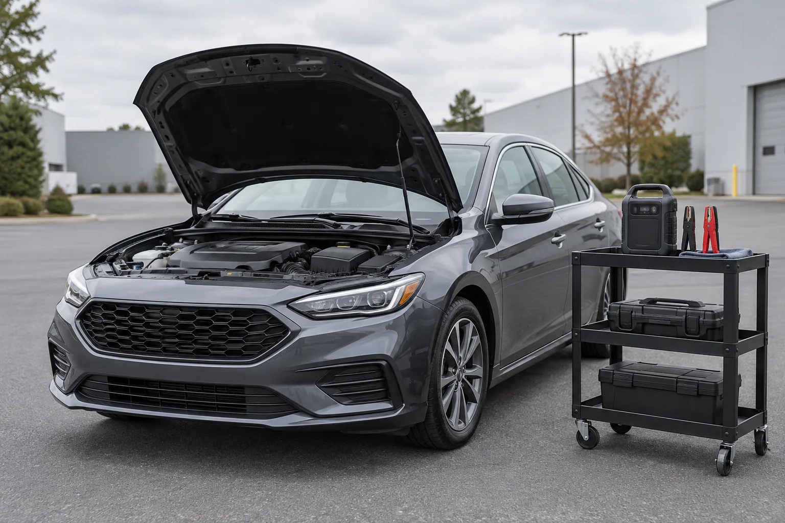 A car with its hood open beside a disconnected portable jump starter.