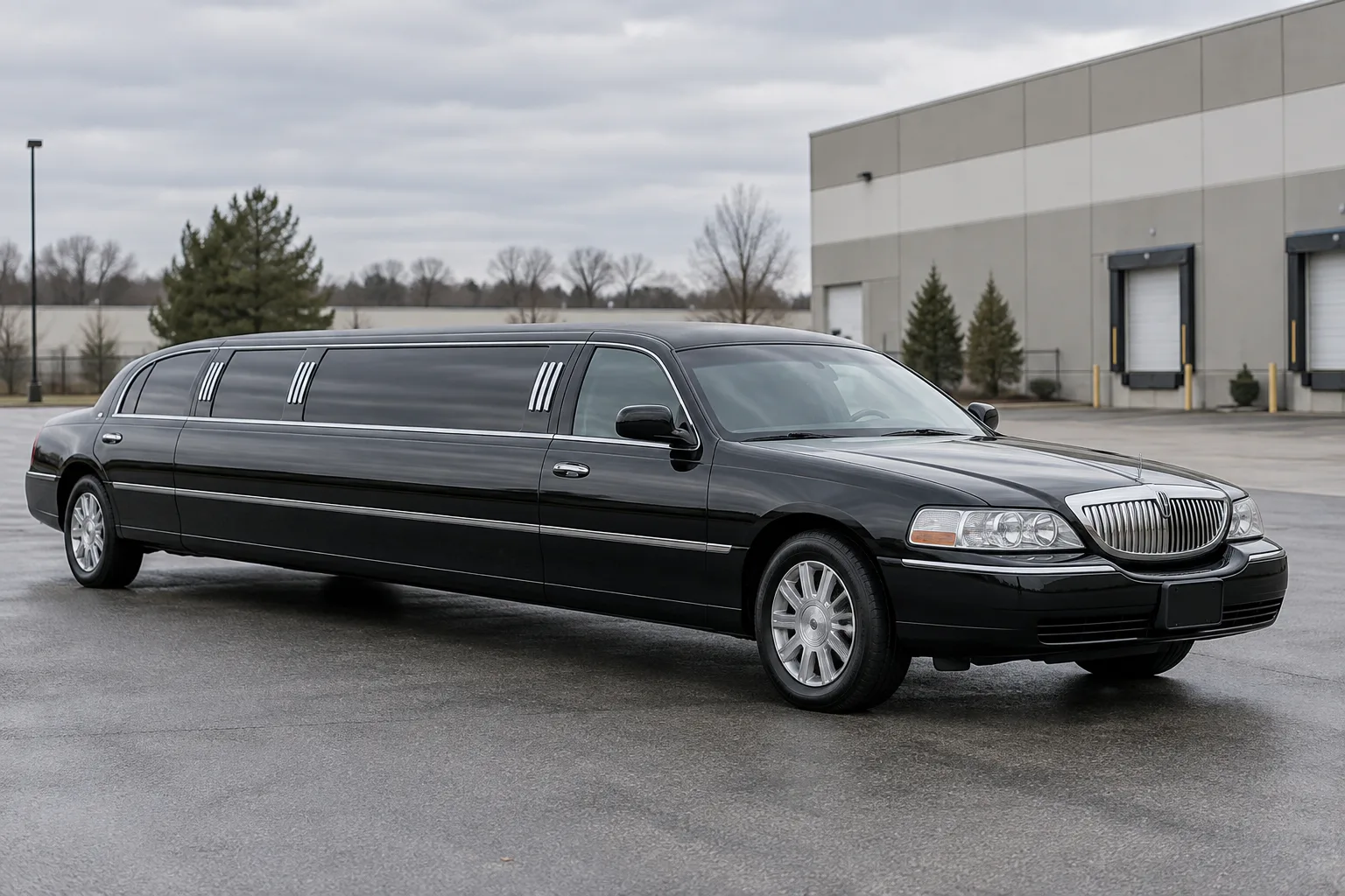 A black stretch limousine parked in a spacious paved lot.