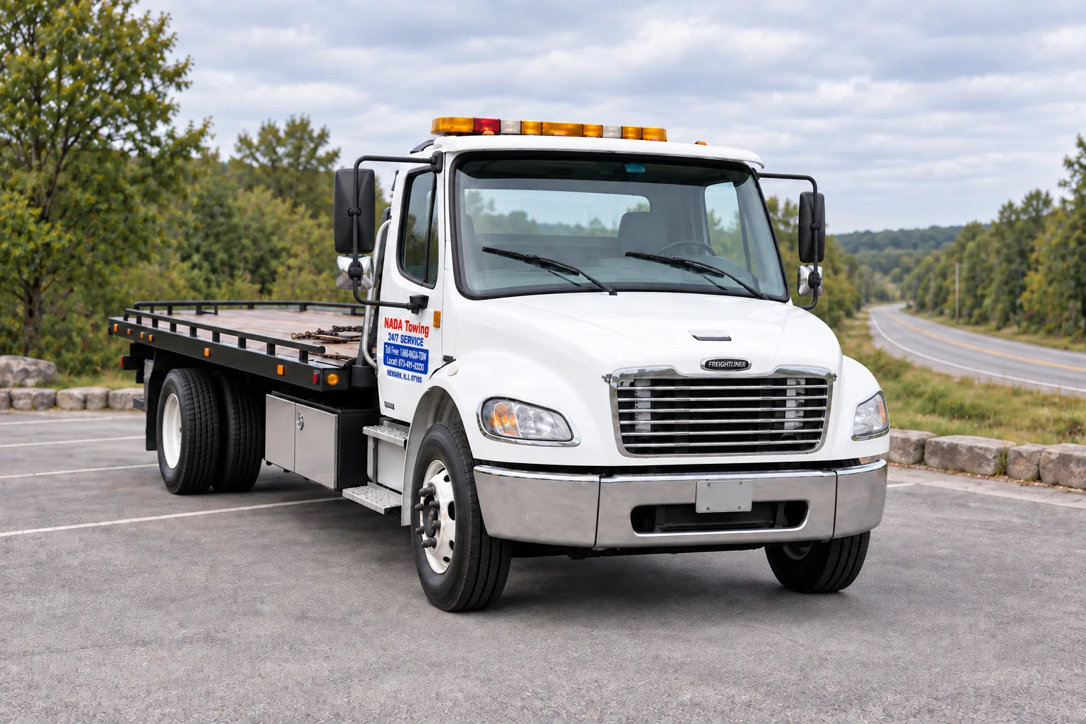 An empty flatbed truck parked in a pull-off beside a quiet road.