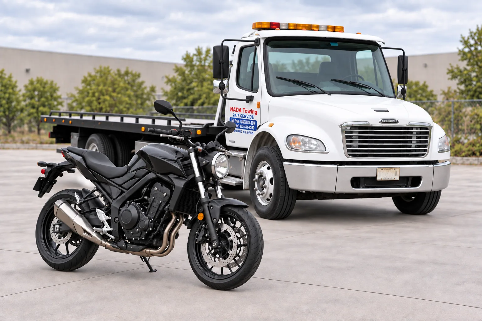 A motorcycle parked beside an empty flatbed truck.