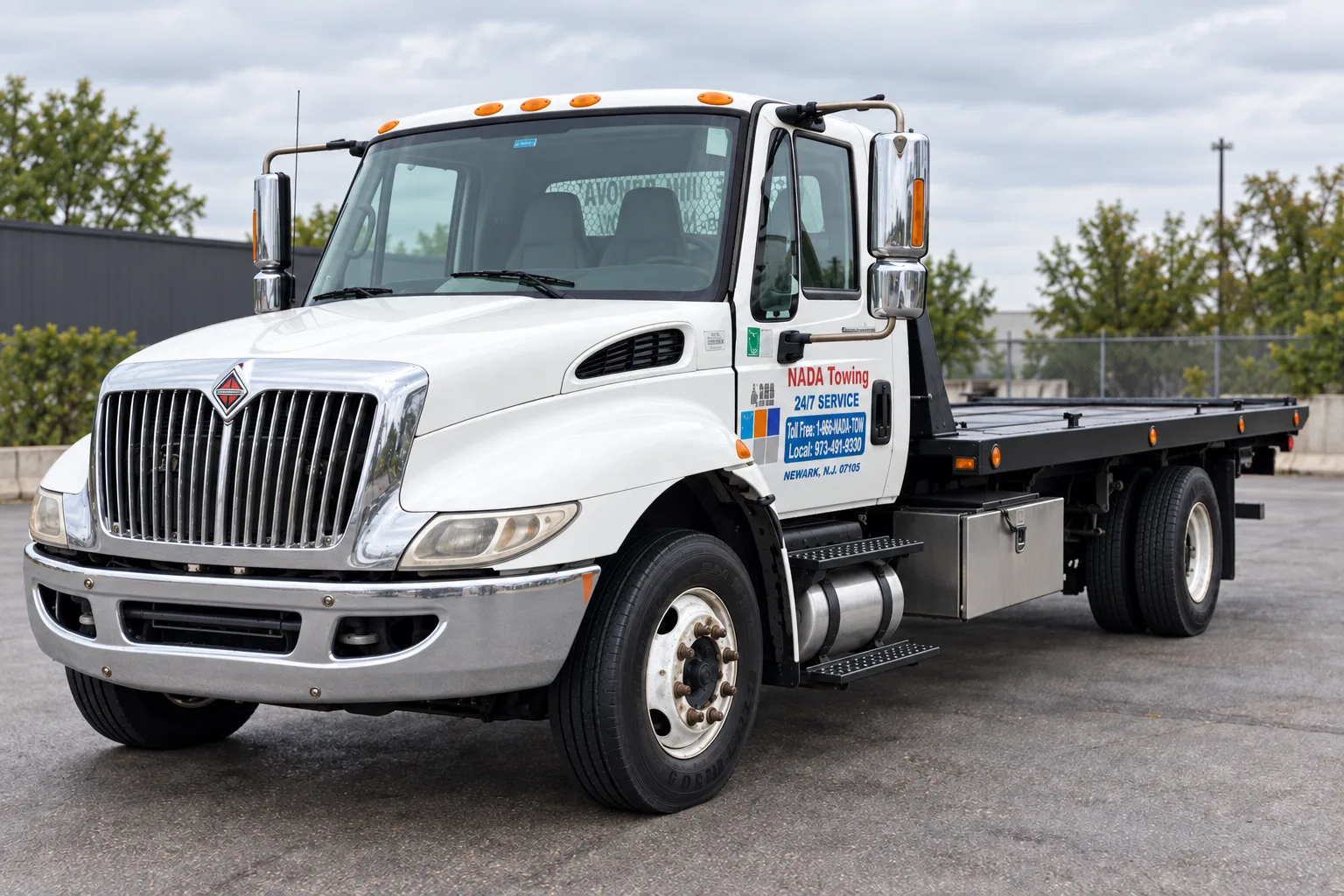 White NADA International flatbed truck parked in an industrial yard.