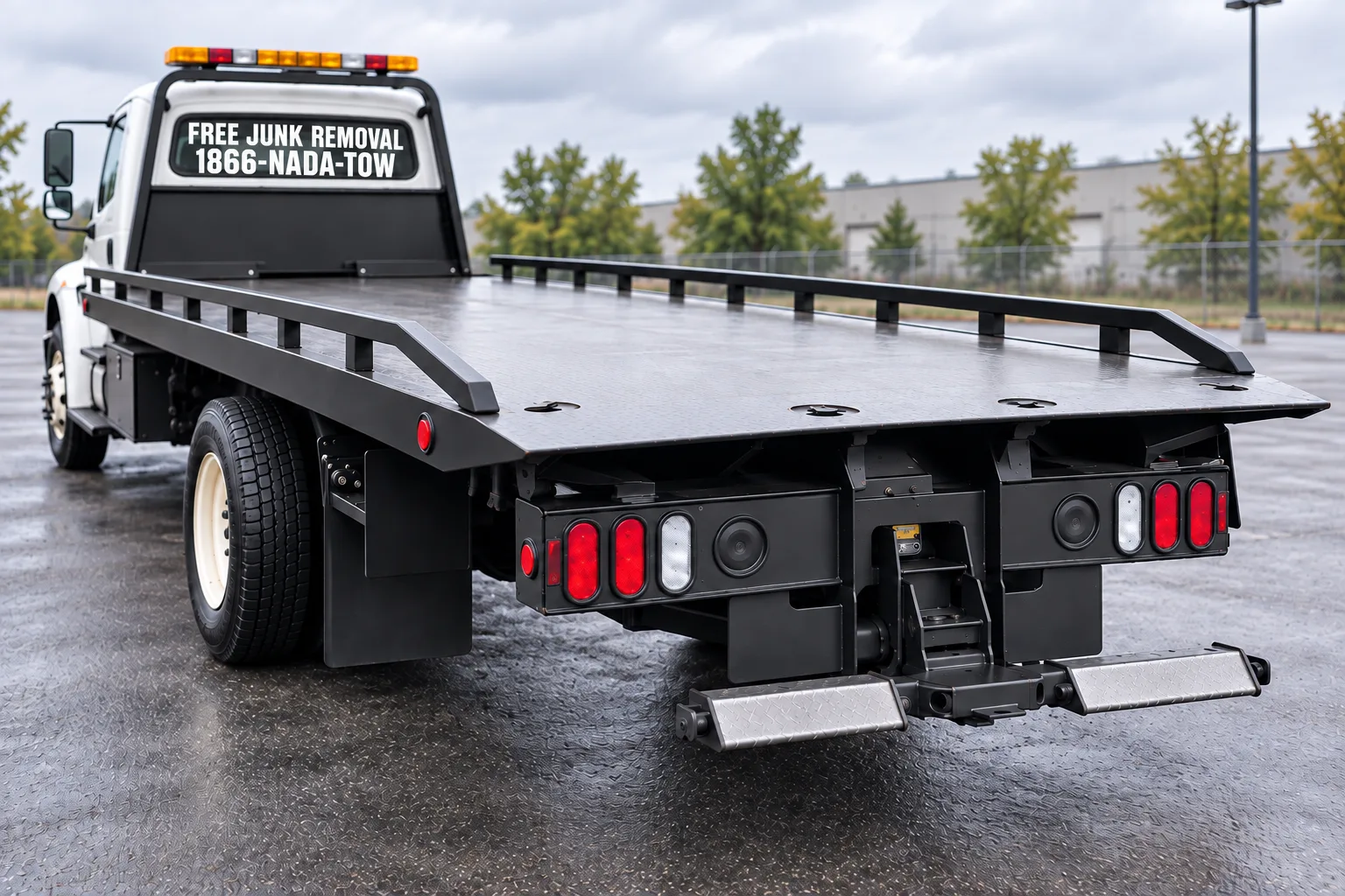 Wheel-lift assembly beneath the rear of an empty flatbed truck.